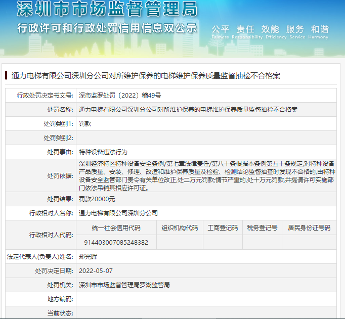 罰款2萬元！通力電梯有限公司深圳分公司被處罰